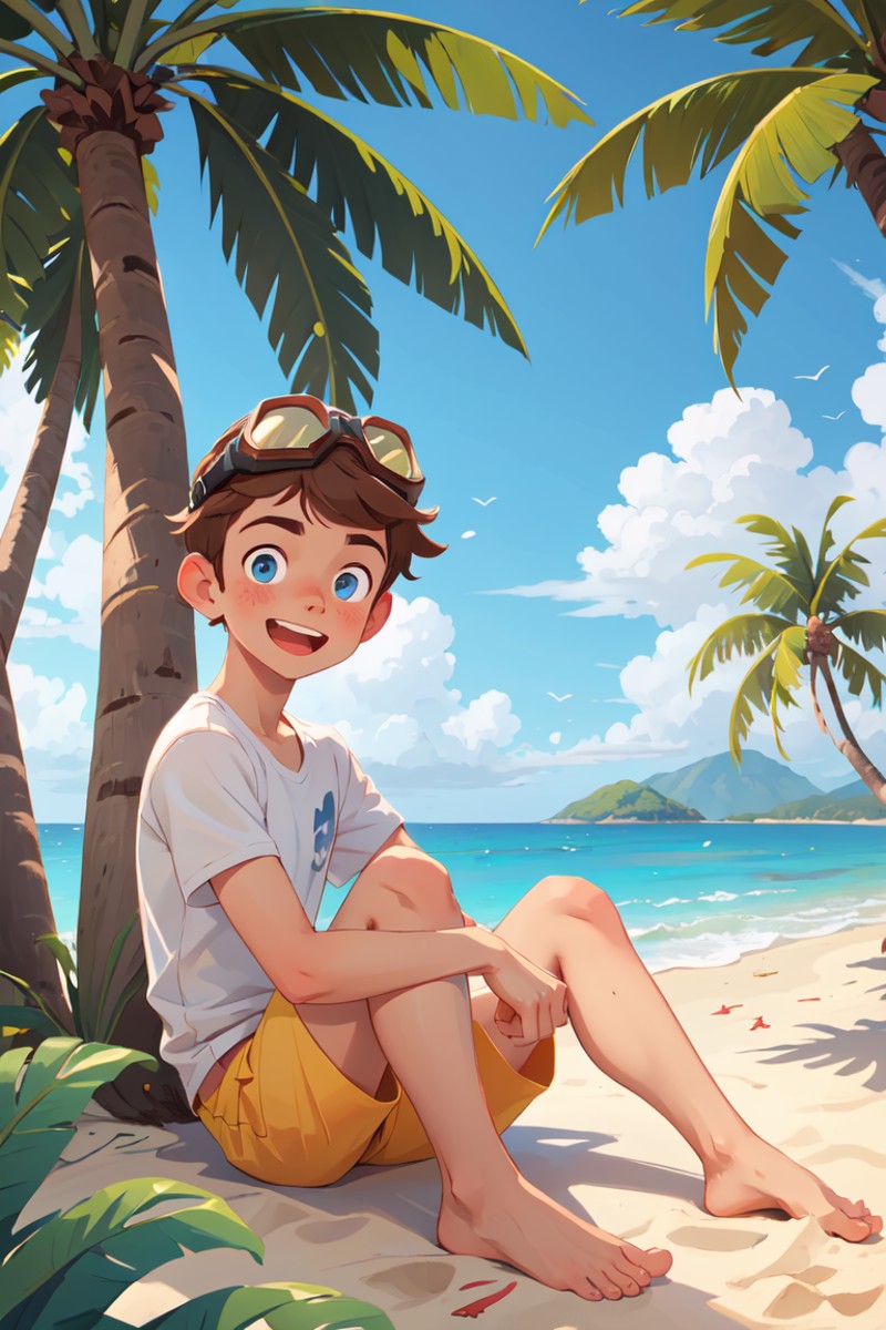 385987-2163063576-masterpiece,best quality,1boy,solo,goggles on head,male focus,blue eyes,outdoors,barefoot,shorts,open mouth,smile,looking at vie.png